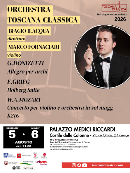 locandina con informazioni sui concerti del 5 e 6 agosto e nel tondo foto del direttore Biagio Ialacqua