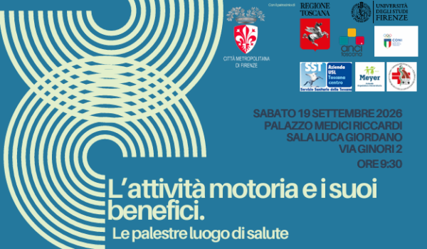 locandina fondo azzurro con loghi e informazioni sulla conferenza 'l'attività motoria e i suoi benefici'