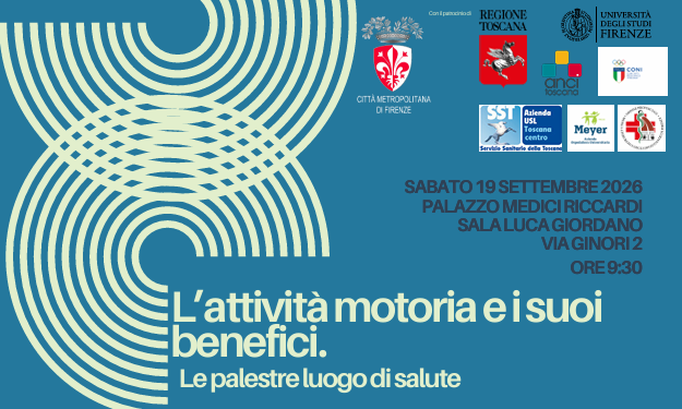 locandina fondo azzurro con loghi e informazioni sulla conferenza 'l'attività motoria e i suoi benefici'