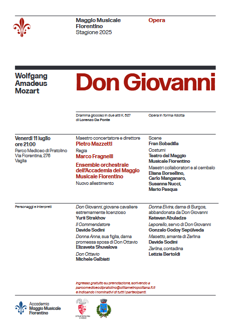locandina Don Giovanni con indicazioni sull'evento di venerdì 11 luglio a Pratolino e di tutta la troupe