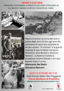 locandina con informazioni sull'evento e foto dei campioni Bartali e Nencini, oltre a due foto sulla ricostruzione di Firenze nel dopoguerra
