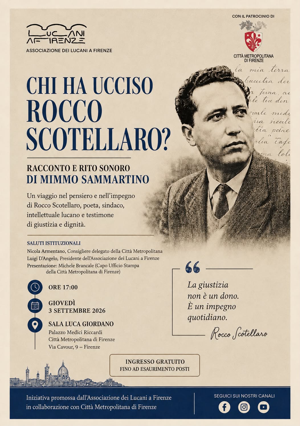 locandina con indicazioni dell'evento del 3 settembre 2026 in sala Giordano
