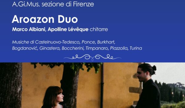 locandina con informazioni sull'evento e i due musicisti con le loro chitarre
