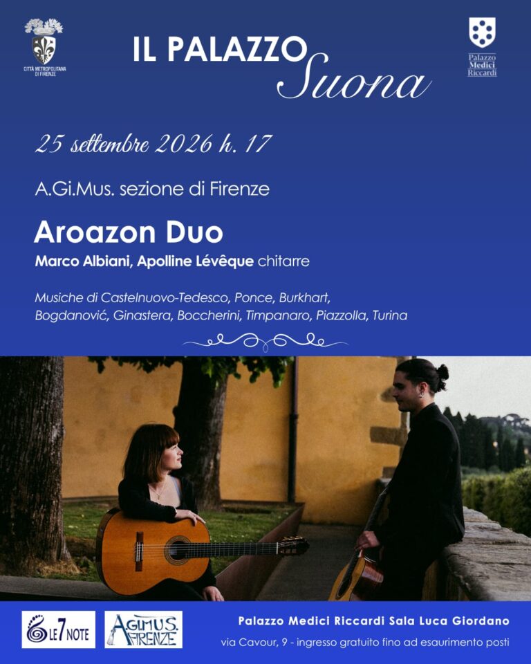 locandina con informazioni sull'evento e i due musicisti con le loro chitarre