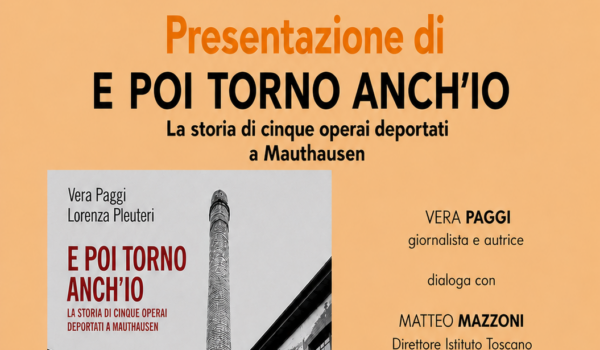 locandina con informazioni sulla presentazione del libro "e poi torno anch'io" e foto della copertina del libro