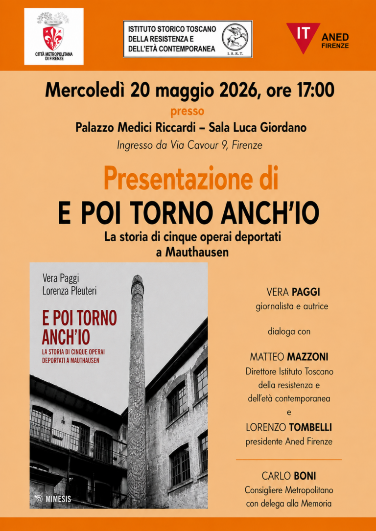 locandina con informazioni sulla presentazione del libro "e poi torno anch'io" e foto della copertina del libro