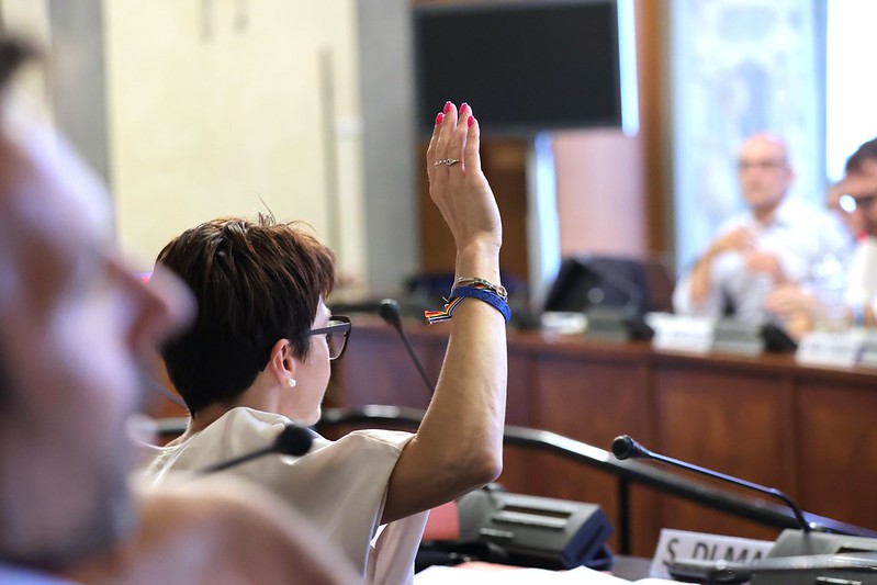 foto di consigliere di spalle che alza la mano durante la seduta