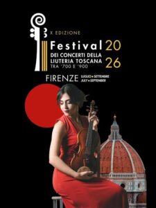 locandina festival della liuteria, sullo sfondo cupola del duomo di Firenze, in primo piano musicista vestita di rosso con violino