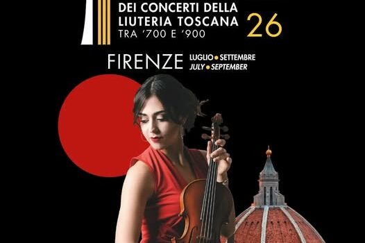 locandina festival della liuteria, sullo sfondo cupola del duomo di Firenze, in primo piano musicista vestita di rosso con violino