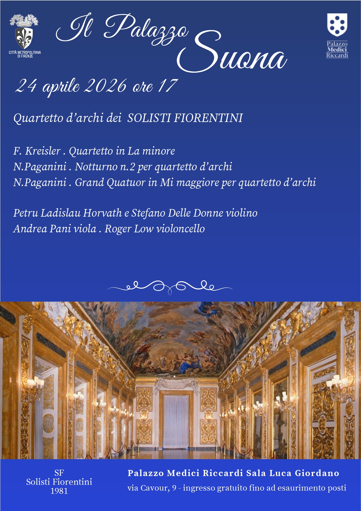 locandina concerto del Quartetto d’archi dei Solisti Fiorentini il 24 aprile in Palazzo Medici Riccardi