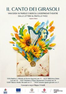 locandina sull'evento 'il canto dei girasoli', da una busta escono girasoli, un'arpa, un profilo maschile