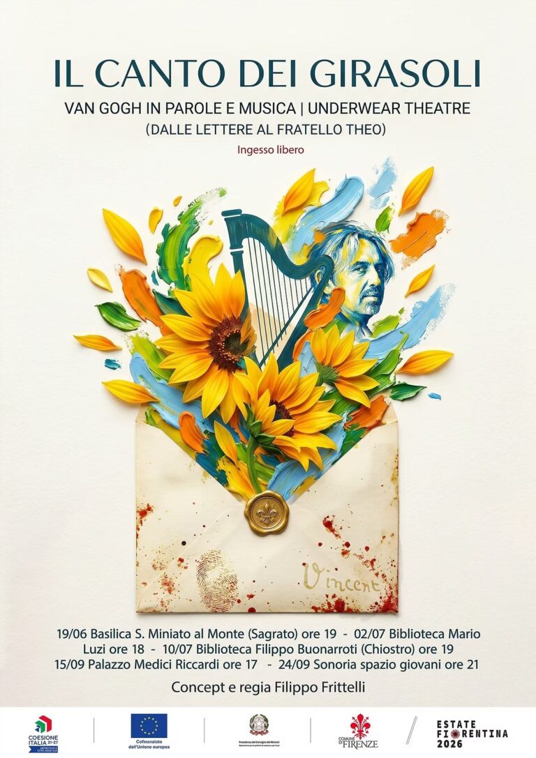 locandina sull'evento 'il canto dei girasoli', da una busta escono girasoli, un'arpa, un profilo maschile
