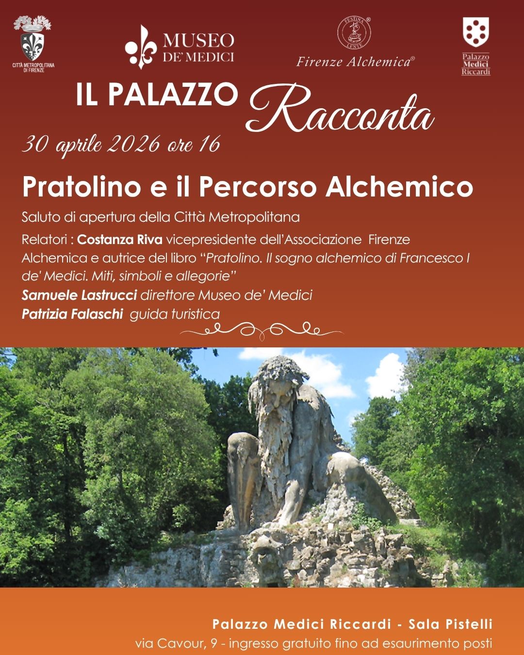 locandina con informazioni sull'evento del 30 aprile e foto del gigante dell'appennino a Pratolino