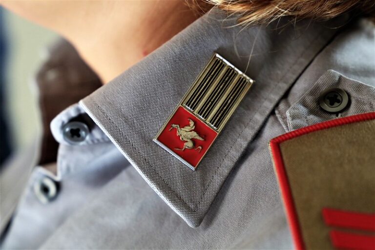 dettaglio del colletto della divisa della Polizia Metropolitana: camicia grigia con spilla con Pegaso su sfondo rosso